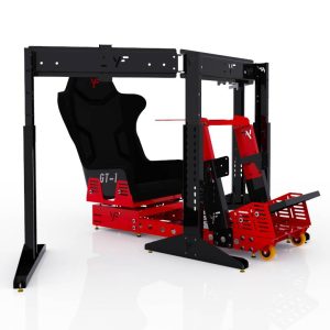 GT1 - Bastidor con butaca, corredera, ruedas y soporte externo de tres pantallas